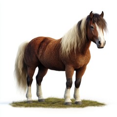 Obraz premium A gentle horse standing in a field, detailed mane and tail, photorealistic style, isolated on white background