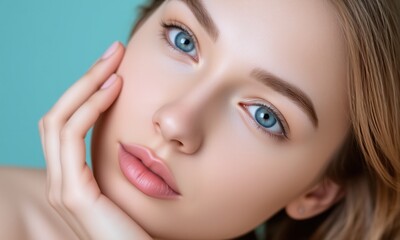 Obraz premium Portrait woman natural makeup contemplative expression pastel studio background