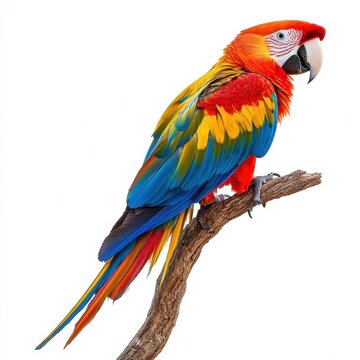 A colorful parrot perched on a branch, vibrant feathers and realistic detail, isolated on white background