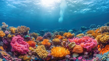 Naklejka premium Vibrant coral reef underwater scene, captured from a close distance, highlighting the colorful marine life and corals in bright blue waters 