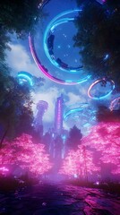 Obraz premium Futuristic fantasy forest with glowing rings
