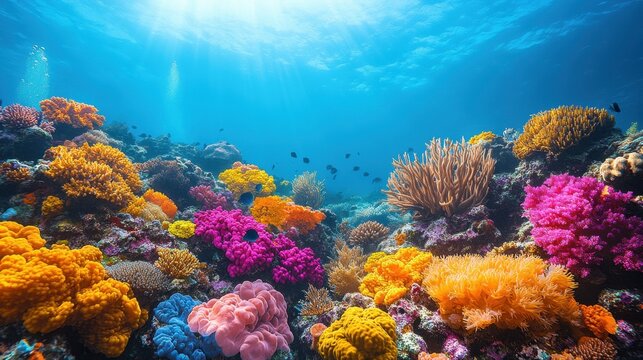 Vibrant coral reef underwater scene, viewed from a close-up perspective, highlighting the intricate details of the marine life and colorful corals against a bright blue backdrop 