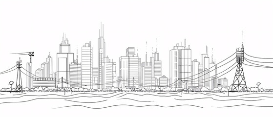 Fototapeta premium Vector illustration of cityscape with high-rise buildings. Line art.