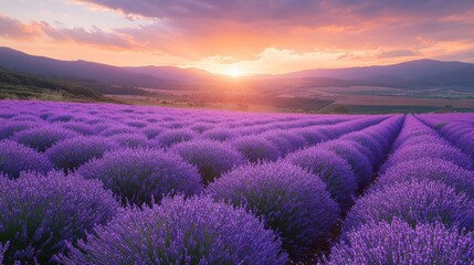 Fototapeta premium Tranquil view of a field of lavender, captured from a distance, highlighting the beauty and fragrance of the flowers 
