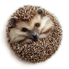 Obraz premium A chubby hedgehog curled up in a ball, detailed spines and fur, isolated on white background