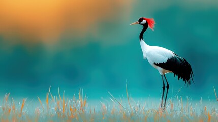 Fototapeta premium A solitary crane stands gracefully in a serene landscape, showcasing its colorful plumage against a soft, blurred background, embodying tranquility.