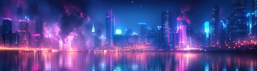 Neon lights illuminate a modern cityscape at night, reflecting in the water.