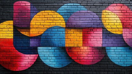 Obraz premium Urban street art mural on a brick wall, captured from a close-up perspective, emphasizing the vibrant colors and intricate details of the artwork, creating a lively and dynamic urban environment 
