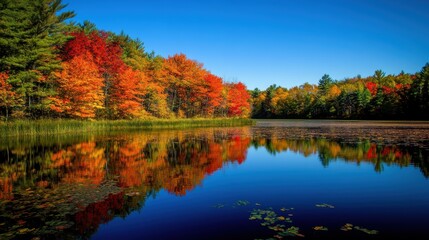 Tranquil lake surrounded by autumn foliage, with vibrant reds, oranges, and yellows reflected in the still water, clear blue sky