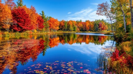 Tranquil lake surrounded by autumn foliage, with vibrant reds, oranges, and yellows reflected in the still water, clear blue sky