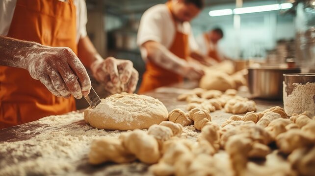 Inmates baking bread in a prison kitchen, warm lighting, closeup of dough and hands, detailed textures of flour and ingredients, photorealistic vocational training scene