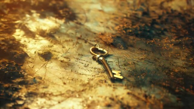 Close-up of a mysterious key lying on an ancient, dusty map, its purpose unknown and filled with secrets