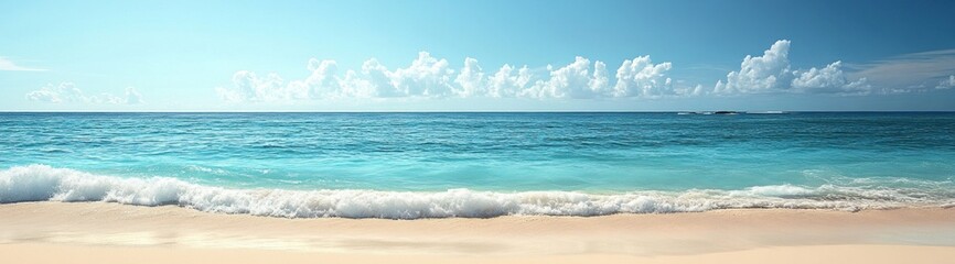 Fototapeta premium A panoramic view of a pristine beach with clear blue water and white sand.