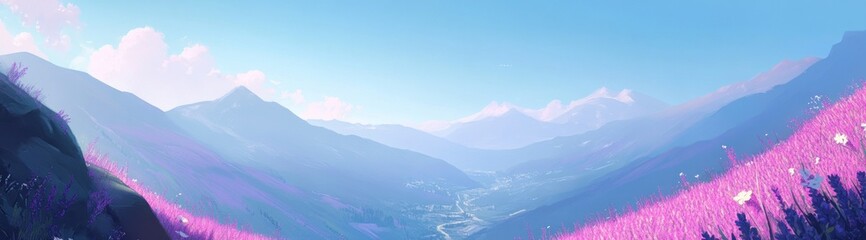 Fototapeta premium A vibrant pink field of wildflowers on a mountainside, with a hazy valley in the background.