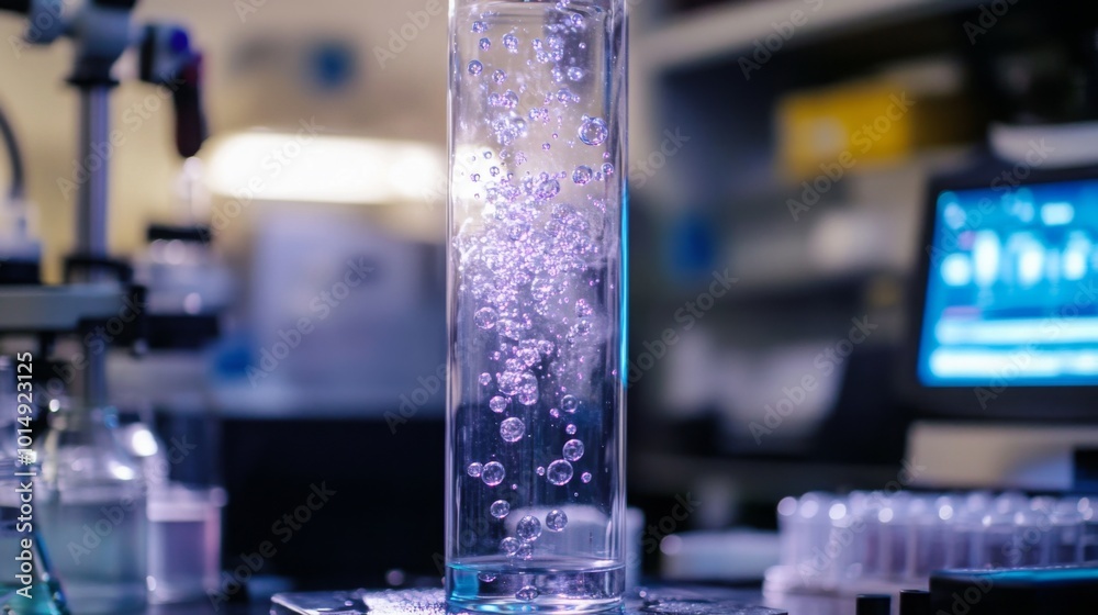 Aufkleber a clear test tube filled with a liquid displays numerous bubbles rising to the surface. the laborato