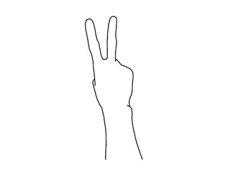 Number two, hand gesture in various sides view. Concept of finger counting on sign language. Vector illustration in outline style isolated on white background.