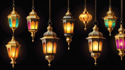 Obraz premium A collection of decorative lanterns glowing against a dark background.