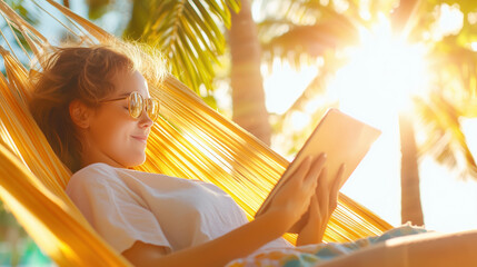 Relaxing Woman in Hammock on Tropical Beach Reading E-Book on Tablet with Sunlight Filtering Through Palm Trees