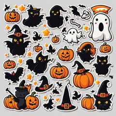Fototapeta premium A collection of Halloween-themed stickers featuring cats, pumpkins, ghosts, and witches.