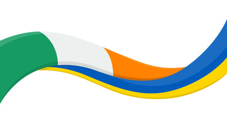 Wavy ribbon banner of Ukraine National flag with Ireland National Flag. Unity and cooperation symbol. Logo for charity social events, NGO, sports team, peace summit. Vector illustration.