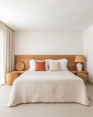 Modern minimalist bedroom with natural light featuring a cozy bed and stylish decor