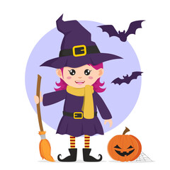Cute little Halloween witch isolated on white background