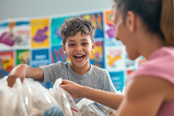 Obraz premium Happy multiracial boy joyfully participating in a community service project with his mother, sorting donated goods. Concept of family volunteering and holiday giving