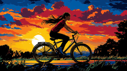 Fototapeta premium girl riding a bicycle in beautiful sunset, anime style