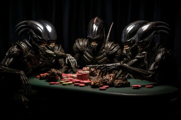 Extraterrestrial beings enjoying a lively card game at a table, showcasing their unique interactions