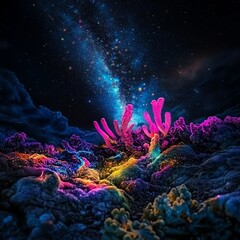 Obraz premium Worms-eye view of bioluminescent flora, vibrant colors under a starry night sky, magical fusion of worlds