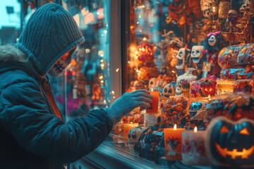 Obraz premium A figure adorned in a dark costume examines a vibrant display of Halloween decorations and glowing candles. The storefront is filled with colorful items celebrating the holiday.