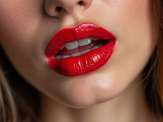 Fototapeta premium A close-up of a woman's attractive lips with red lipstick.