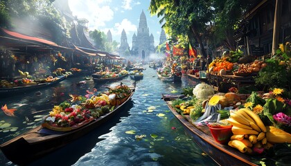 Obraz premium A surreal perspective of a floating market, fantasy landscapes merging with chefs artistry, vivid hues and magical ingredients