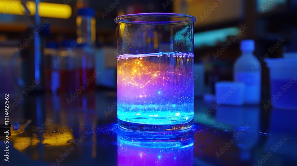 Poster a laboratory jar filled with a glowing liquid exhibits a stunning array of colors, illuminating the 