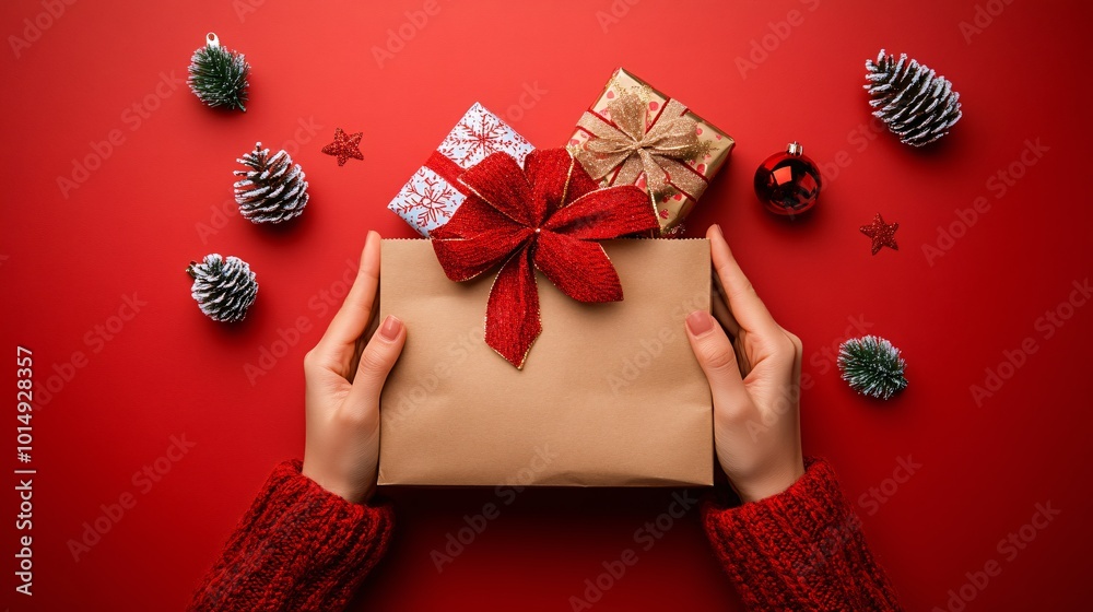 Poster isolated on red color background with side space for letters person holding a paper gift bag filled 