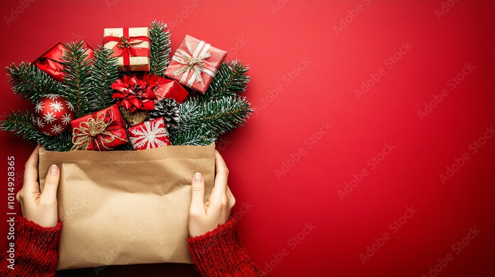 Poster isolated on red color background with side space for letters person holding a paper gift bag filled 