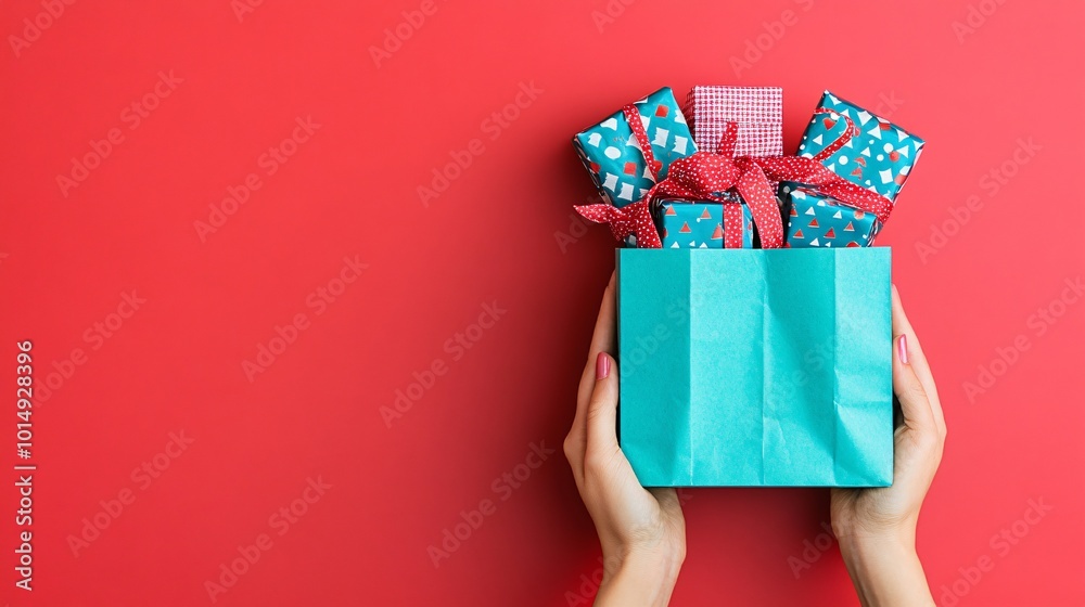 Poster isolated on red color background with side space for letters person holding a paper gift bag filled 
