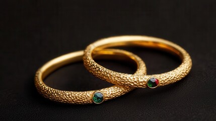 Hammered gold bangles with engraved precious stone inlays, [gold jewelry], [artisanal craftsmanship and luxury].  ,closes up