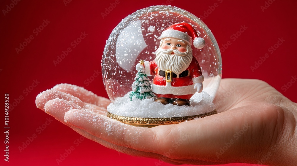 Poster Isolated on Red color background with side space for letters hand holding a holiday-themed snow globe featuring a tiny Santa Claus inside Stock Photo with copy space