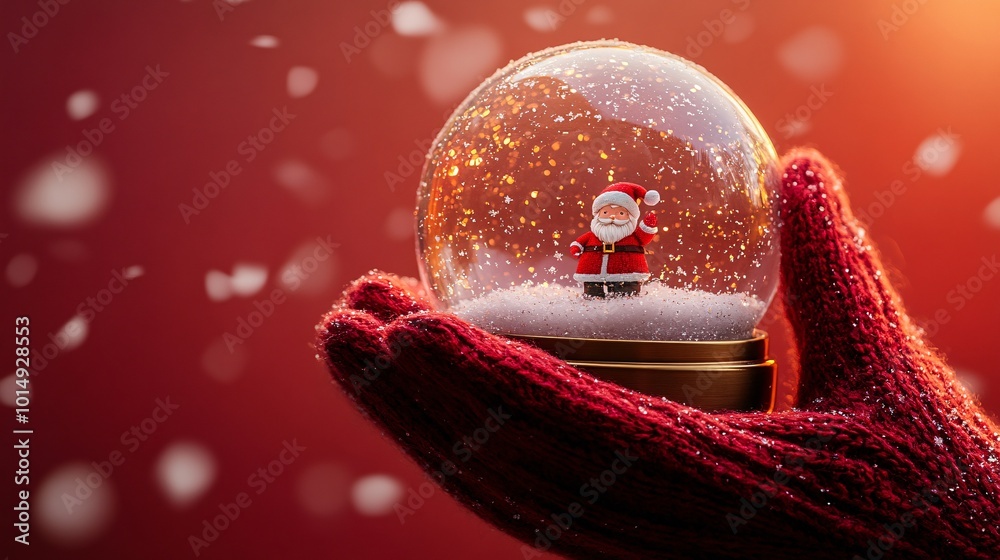Poster isolated on red color background with side space for letters hand holding a holiday-themed snow glob