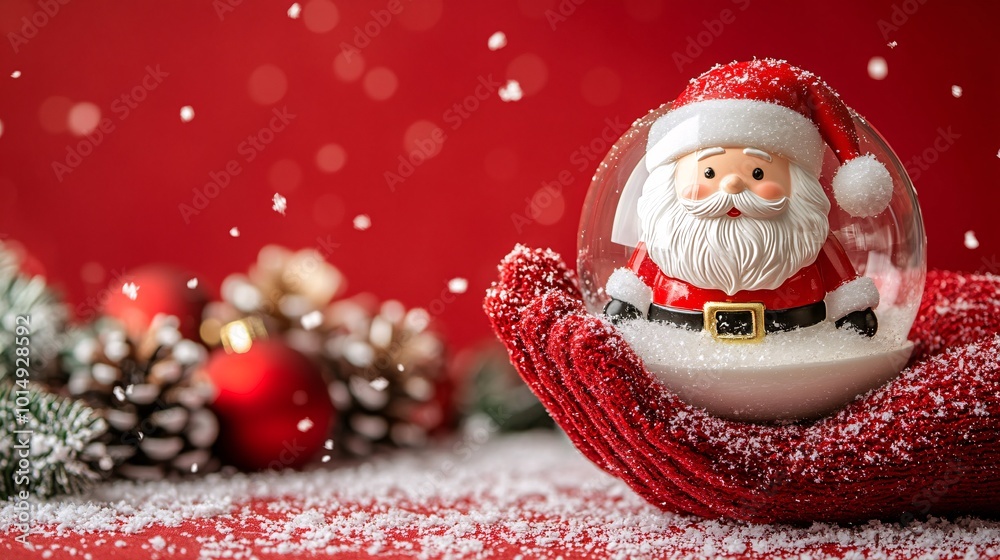 Poster Isolated on Red color background with side space for letters hand holding a holiday-themed snow globe featuring a tiny Santa Claus inside Stock Photo with copy space