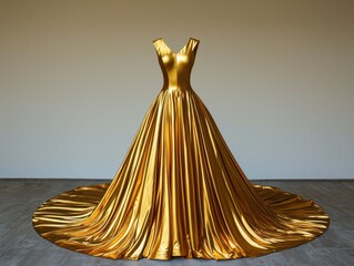 Flowing gold gown with metallic accents and structured bodice, [gold fashion], [red carpet luxury].