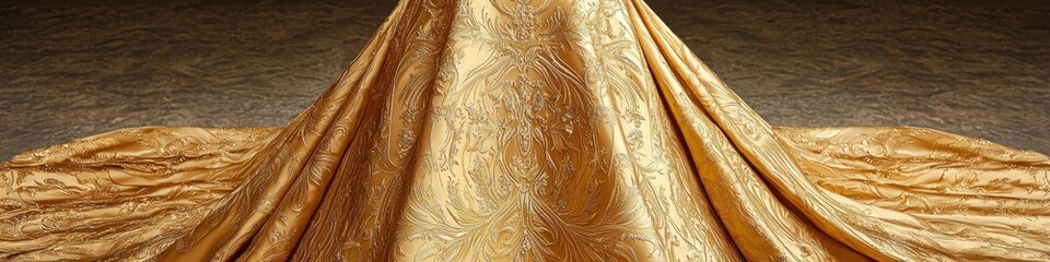 Luxe gold silk gown with a dramatic train, perfect for an exclusive red-carpet event, [luxury fashion], [ultimate elegance].