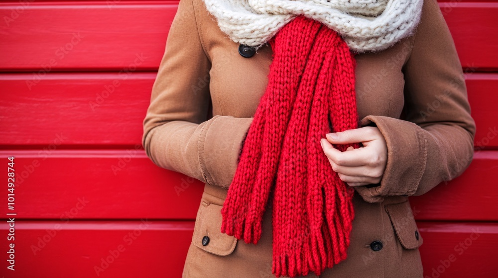 Poster isolated on red color background with side space for letters hand holding a festive holiday scarf in