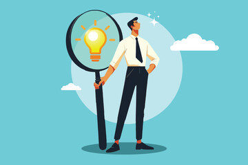 Confident businessman standing with magnifying glass and mastering business idea