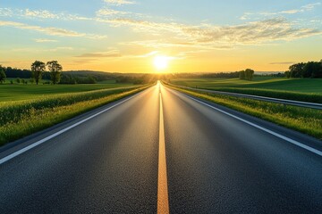 Naklejka premium A wide road leading into the distance, with white lines on both sides and green fields in front of it