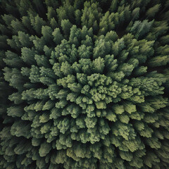 Aerial view on green pine tree on forest