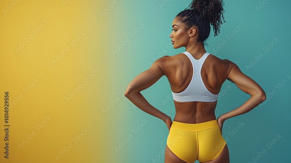 Poster isolated on color background with side space for letters back view of a woman standing with her hand