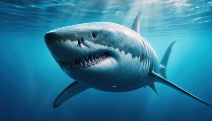 Fototapeta premium A close-up view of a great white shark swimming underwater.