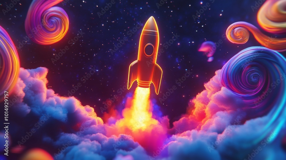 Poster a red rocket is launching into space, propelled by a bright orange flame. the rocket is surrounded b
